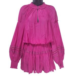 Ramy Brook Rose Mini‎ Dress L Pink Pleated Bishop Sleeve Studded Flowy Romantic